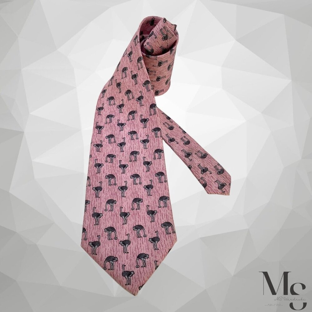 INTO AFRICA PINK Ostrich Print Designer Silk Hand Made Tie W: 3.5" EX COND